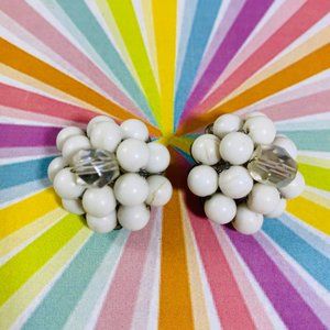 Vintage white and AB Cluster bead clip earrings